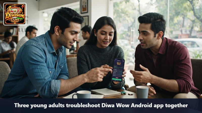 Three young adults troubleshoot Diwa Wow Android app together