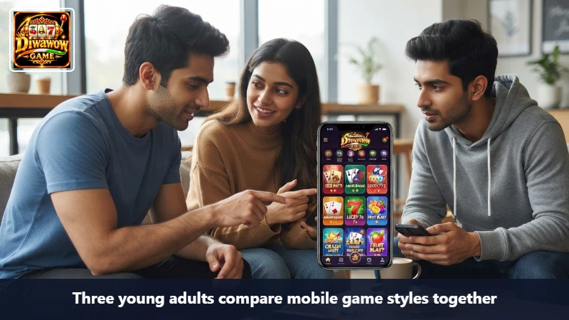 Three young adults compare mobile game styles together