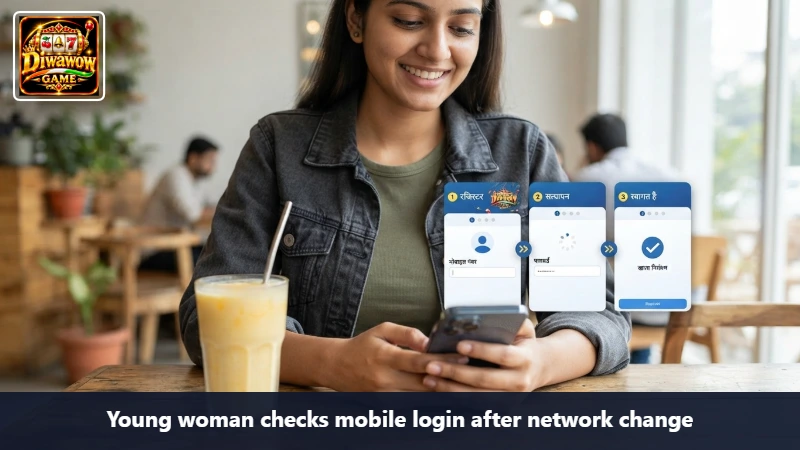 Young woman checks mobile login after network change